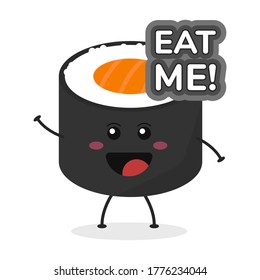 Cute flat cartoon sushi holding a sign illustration. Vector illustration of cute sushi with a smiling expression. Cute sushi with a sign mascot design