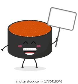 Cute flat cartoon sushi holding a sign illustration. Vector illustration of cute sushi with smiling expression.