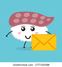 Cute flat cartoon sushi holding an envelope illustration. Vector illustration of cute sushi with smiling expression.