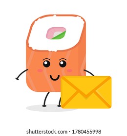 Cute flat cartoon sushi holding an envelope illustration. Vector illustration of cute sushi with a smiling expression.