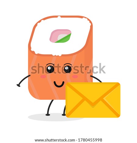 Cute flat cartoon sushi holding an envelope illustration. Vector illustration of cute sushi with a smiling expression.