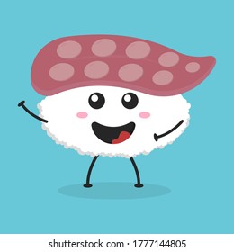 Cute flat cartoon sushi illustration. Vector illustration of cute sushi with smiling expression.