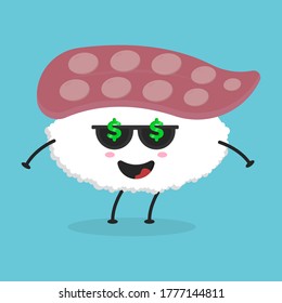 Cute flat cartoon sushi illustration. Vector illustration of cute sushi with smiling expression.