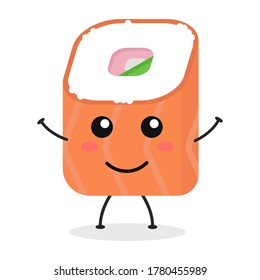 Cute flat cartoon sushi illustration. Vector illustration of cute sushi with a smiling expression.