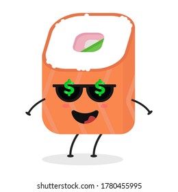Cute flat cartoon sushi illustration. Vector illustration of cute sushi with a smiling expression.