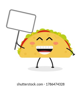 Cute flat cartoon taco holding a sign illustration. Vector illustration of cute taco with a smiling expression.