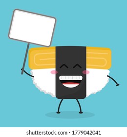 Cute flat cartoon tamago sushi holding a sign illustration. Vector illustration of cute sushi with a smiling expression.