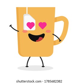 Dibujo plano lindo de dibujos animados para el té. Ilustración vectorial de una taza de té linda con una expresión sonriente.