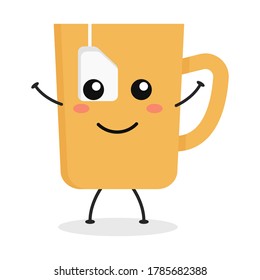 Cute flat cartoon tea cup illustration. Vector illustration of a cute tea cup with a smiling expression.