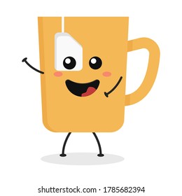 Cute flat cartoon tea cup illustration. Vector illustration of a cute tea cup with a smiling expression.