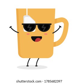 Cute flat cartoon tea cup illustration. Vector illustration of a cute tea cup with a smiling expression.