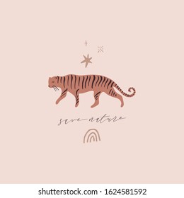 Cute flat cartoon tiger protection poster or banner with lettering Save Nature. Ecology concept. Save the tigers and rare species of animals. Vector illustration. Clipart image.