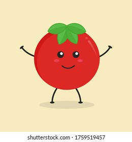 Cute Flat Cartoon Tomato Illustration. Vector illustration of cute tomato with a smiling expression. Cute tomato mascot design