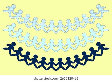 Ilustração de vetor de desenho animado plano bonito com cadeia de papel de figuras humanas em uma curva sobre fundo amarelo. Para voltar ao tema da escola, educação visual, conceito educacional e decoração de sala de aula.