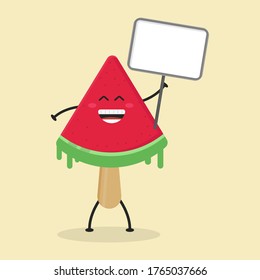 Cute Flat Cartoon Watermelon Ice Cream Holding a Sign Illustration. Vector illustration of cute ice cream with a smiling expression. Cute watermelon ice cream holding sign mascot design