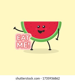 Cute Flat Cartoon Watermelon Illustration. Vector illustration of cute watermelon with smilling expression. Cute watermelon mascot design
