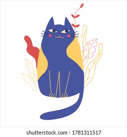 Cute flat cat. Cartoon vector illustration isolated on white background. Good for t-shirt, mugs, stickers and other design