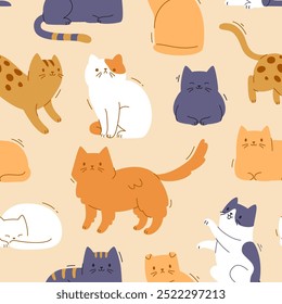 Lindo patrón de gato plano. Impresión de Vector sin costuras con diferentes gatos de dibujos animados. Patrón de gatitos estilizados. 