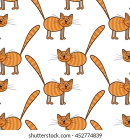 Cute flat cats. Vector seamless pattern with smile animals. Endless background with red stripe cats.