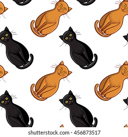Cute flat cats. Vector seamless pattern with animals. Endless background with red and black cats.