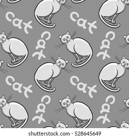 Cute flat cats vector seamless pattern with animals and inscription.