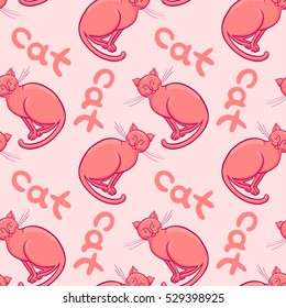 Cute flat cats vector seamless pattern with animals and inscription.