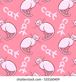 Cute flat cats vector. Seamless pattern with animals and inscription.