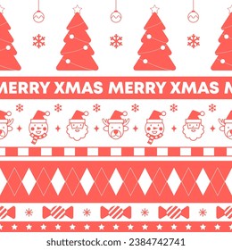 Cute flat character and christmas elements seamless striped pattern background. flat mono color vector.