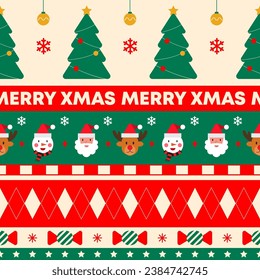 Cute flat character and christmas elements seamless striped pattern background. flat vector.