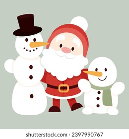 Cute flat character Santa Claus hugging two snowmen