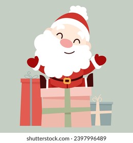 Cute flat character Santa Claus sitting on a lot of gifts