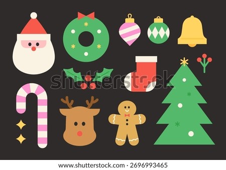 Cute Flat Christmas Holiday Elements illustration icon set.