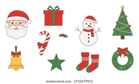 Cute flat Christmas icon set featuring Santa, snowman, tree, gift, candy cane, wreath, bell, star, and stockings. Perfect for holiday designs, stickers, cards, and digital projects.