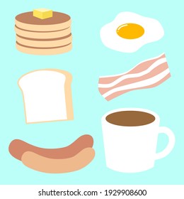 adorable ilustración vectorial de color plano del conjunto de desayuno, panqueque, huevo frito, pan, tocino, salchicha, café 