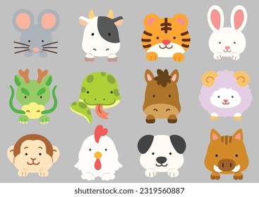 Cute flat colored Chinese Zodiac Animals with front paws