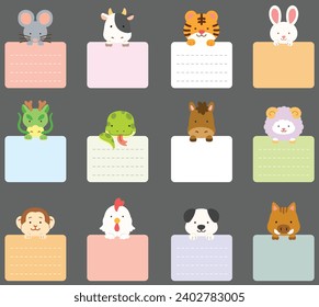 Cute flat colored Chinese Zodiac Animals with front paws holding a memo