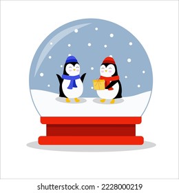 Ilustración de Navidad de color plano y liso para niños con un globo de nieve con pingüinos adentro dándose regalos entre ellos durante la nevada
