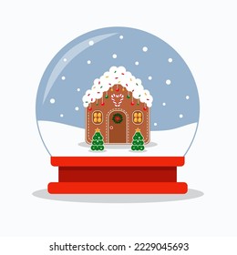 Dibujo navideño de color llano y liso de un globo de nieve con una casa de jengibre decorada y árboles navideños durante la nevada