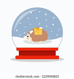 Ilustración de Navidad de color plana y lisa para los niños de un globo de nieve con un lindo erizo de invierno que lleva un regalo durante la nevada. Ilustración corta para una tarjeta de Navidad
