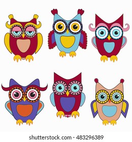 Cute flat colorful owls