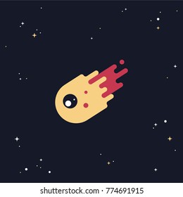 Cute flat comet flying in a dark background of starry cosmos