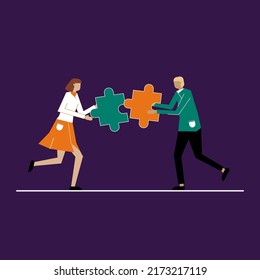 Cute flat couple run to each other with matching pieces of puzzle. Happy Valentine's Day. Couple in love. Perfect match. Couple's day. Banner. Dark purple background, vector illustration.