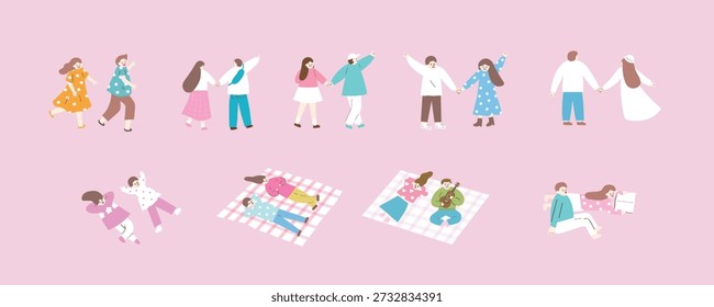 Cute flat couples walking, holding hands, and picnicking. Romantic vector illustrations for spring, Valentine’s Day, and lifestyle projects