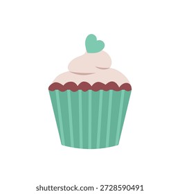 Bonequinho plano bonito com coração batendo. Matcha cupcake. Bolo doce. Ilustração de muffin.