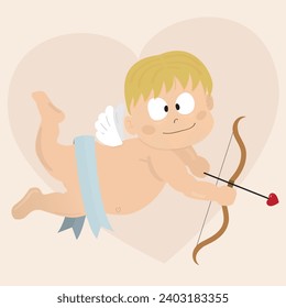 Carácter liso y plano con flecha cardíaca, alas pequeñas, cinta y carita sonriente vectorial de línea plana.