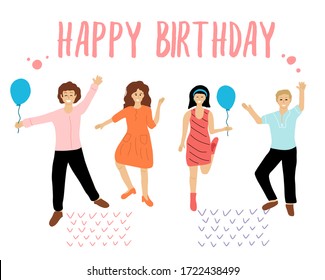 Gente de baile plana. Feliz cumpleaños. Hora del partido, celebrar amigos: mujeres y hombres con globos. Ilustración dibujada a mano.