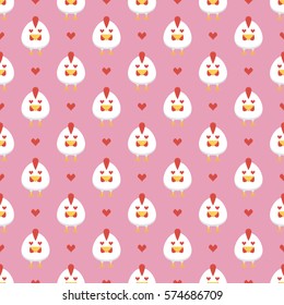Cute flat design cartoon chicken, rooster with pixel hearts seamless pattern background. Symbol of the year 2017.