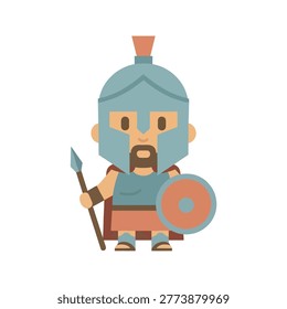Cute flat design character of a spartan warrior holding a spear and shield with a cape.