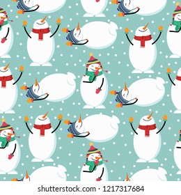 Cute flat design Christmas seamless pattern with snowman. Christmas background. Christmas wrapping paper. Vector
