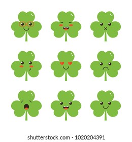 Cute flat design clover, shamrock leaf character with different facial expressions, emotions. Set, collection of emoji isolated on white background.
